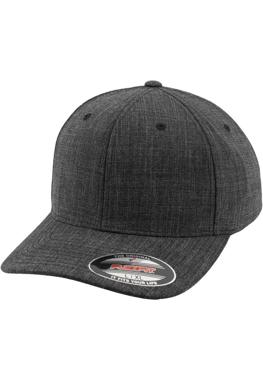 Dunkelgraue Flexfit Fine Melange Cap in schwarz-melierter Optik mit gebogenem Schirm für Sport und Freizeit.