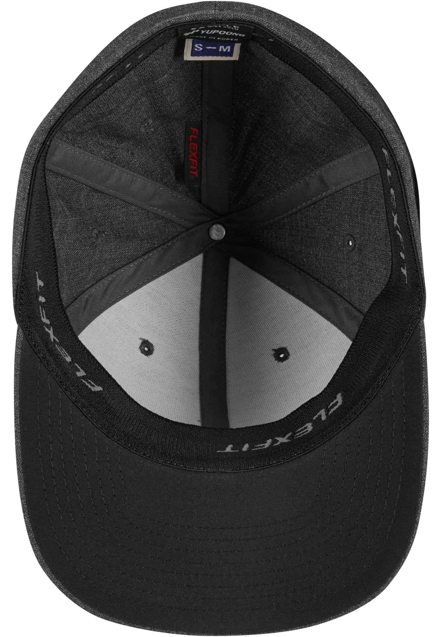 Innenansicht der Flexfit Fine Melange Cap Charcoal mit elastischem Flexfit-Band und originalem Yupoong-Markenlabel.