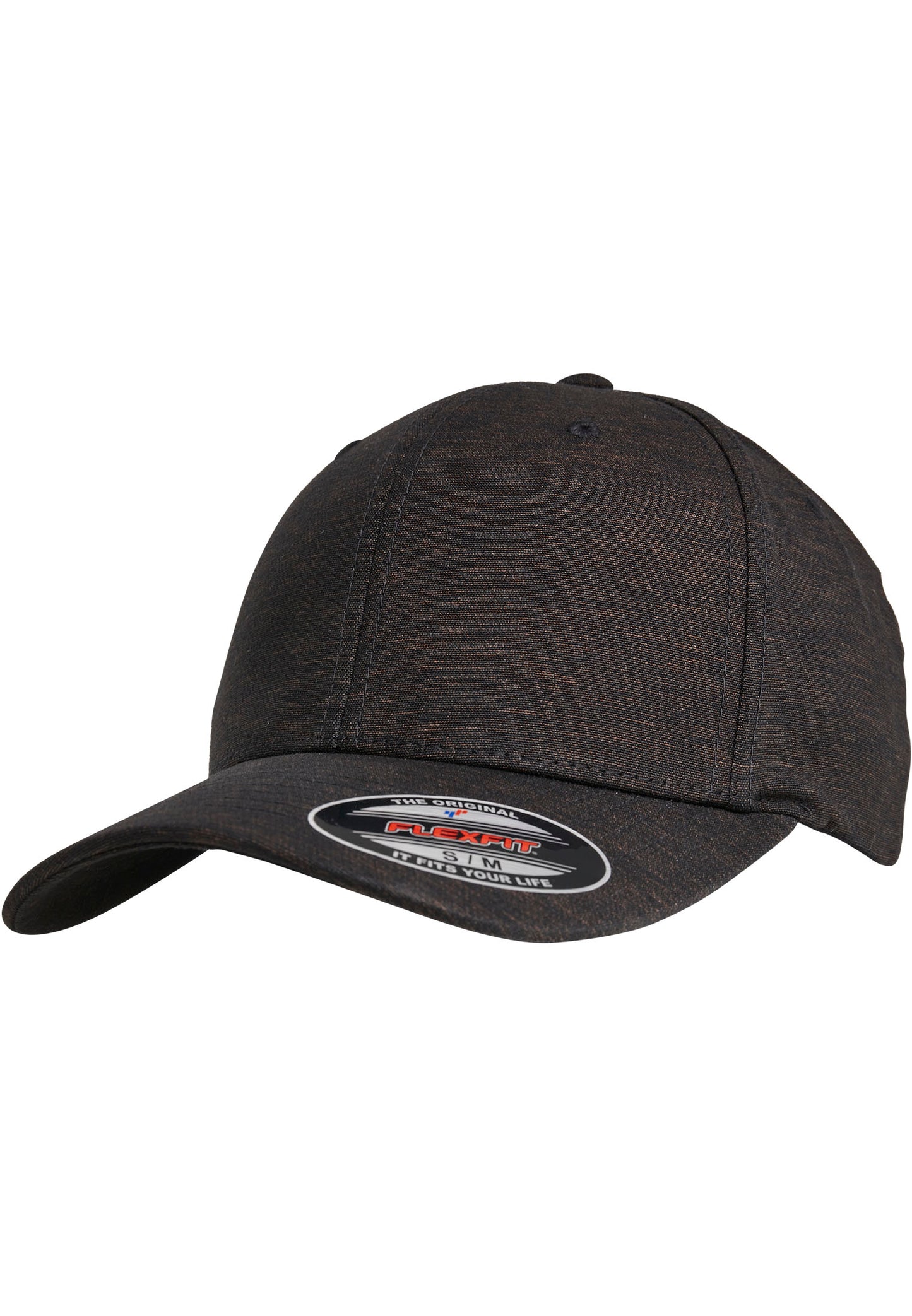 Klassische Flexfit Cap in Schwarz mit dezent meliertem Stoffmuster und gebogenem Schirm.