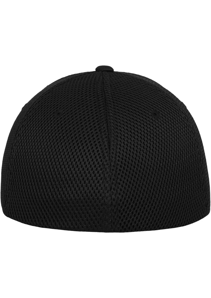 Rückansicht der schwarzen Flexfit Tactel Mesh Cap mit elastischem Band.