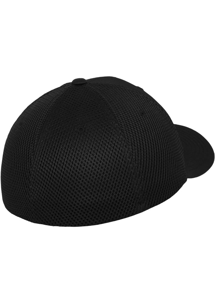 Rückansicht der schwarzen Flexfit Tactel Mesh Cap mit elastischem Band.