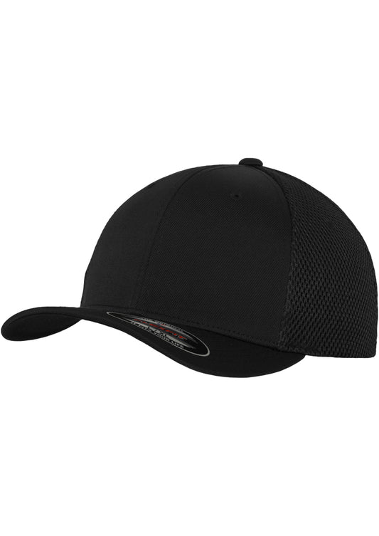 Schwarze Flexfit Tactel Mesh Cap mit elastischem Band und Netz-Rückseite.