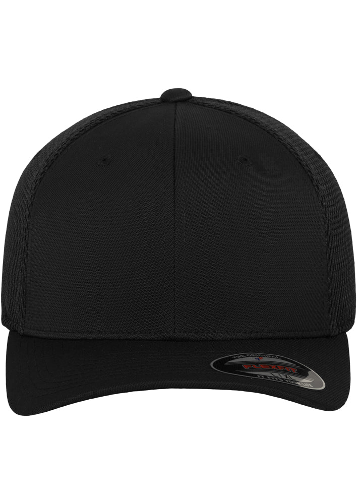 Schwarze Flexfit Tactel Mesh Cap mit elastischem Band und Netz-Rückseite.