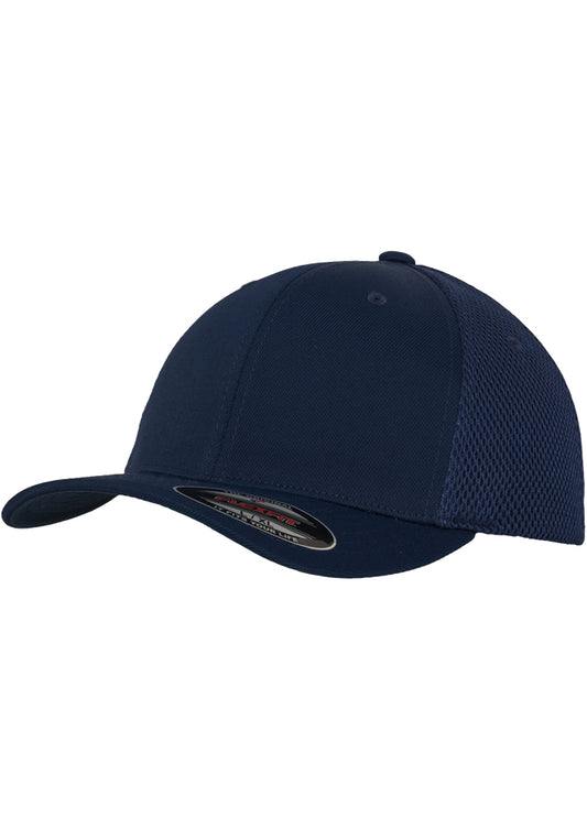 Dunkelblaue Flexfit Tactel Mesh Cap mit elastischem Band und Netz-Rückseite.