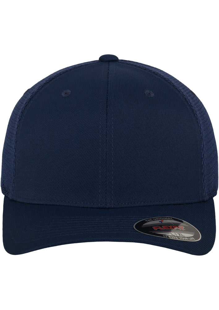 Dunkelblaue Flexfit Tactel Mesh Cap mit elastischem Band und Netz-Rückseite.