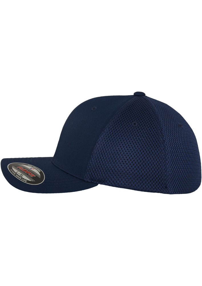 Dunkelblaue Flexfit Tactel Mesh Cap mit elastischem Band und Netz-Rückseite.