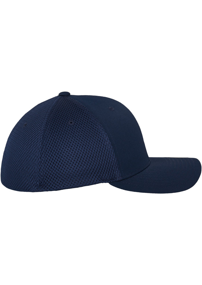 Dunkelblaue Flexfit Tactel Mesh Cap mit elastischem Band und Netz-Rückseite.