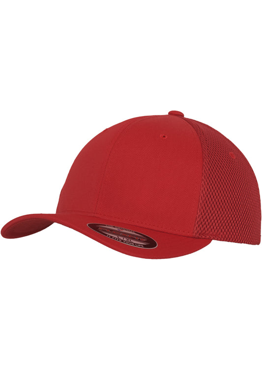 Rote Flexfit Mesh Cap aus leichtem, atmungsaktivem Material mit gebogenem Schirm für Sport und Freizeit.