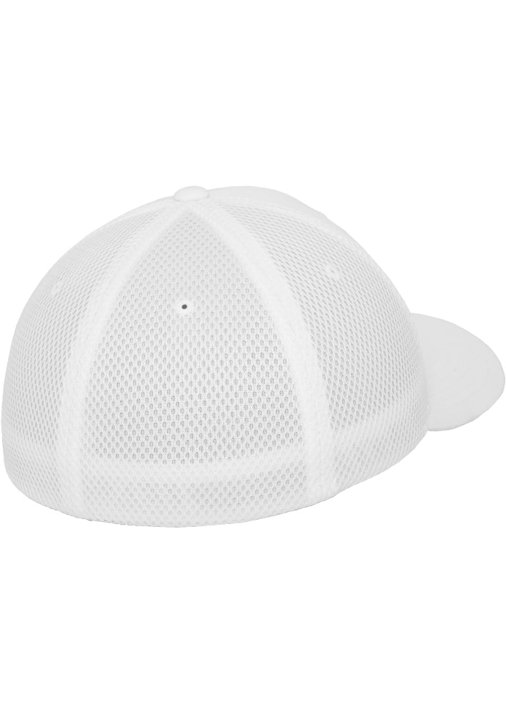 Rückansicht der weissen Flexfit Tactel Mesh Cap mit elastischem Band.