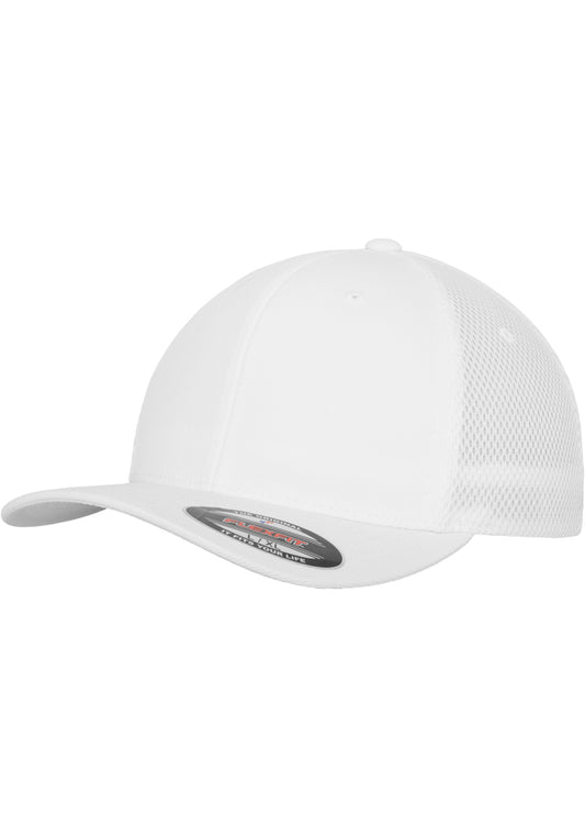 Weisse Flexfit Tactel Mesh Cap mit elastischem Band und Netz-Rückseite.