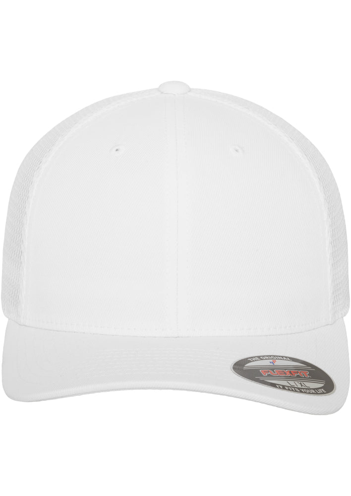 Weisse Flexfit Tactel Mesh Cap mit elastischem Band und Netz-Rückseite.