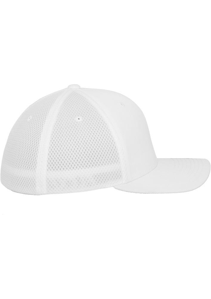 Weisse Flexfit Tactel Mesh Cap mit elastischem Band und Netz-Rückseite.