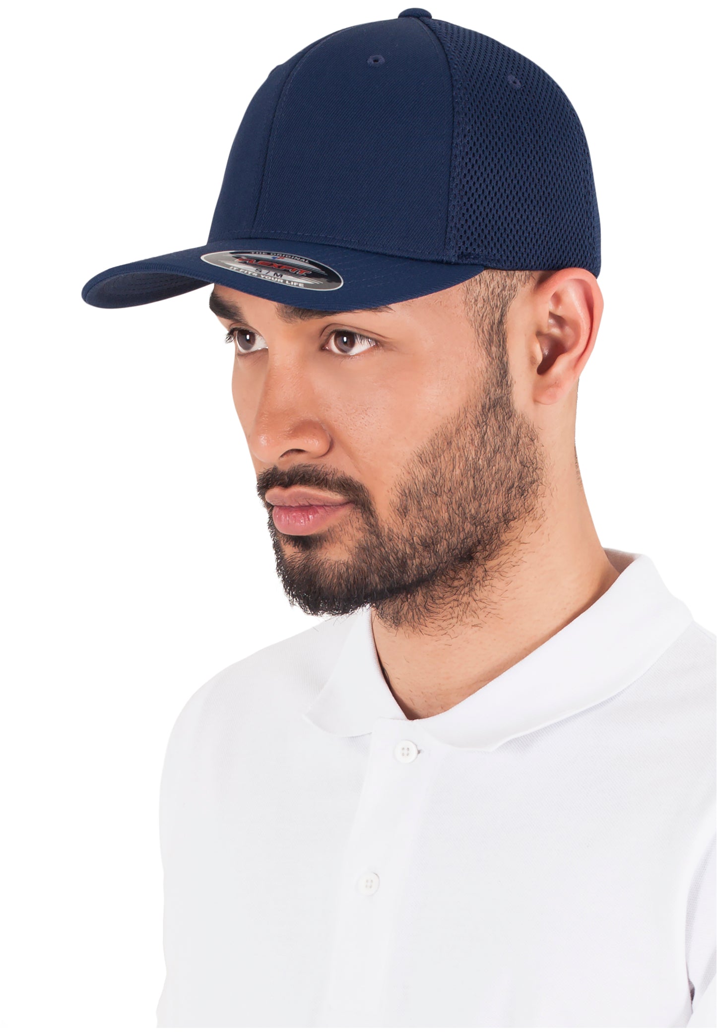Dunkelblaue Flexfit Tactel Mesh Cap mit elastischem Band und Netz-Rückseite.