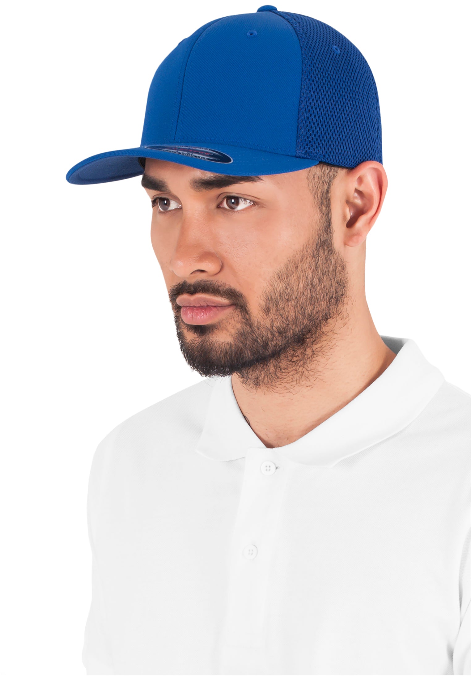 Blaue Flexfit Tactel Mesh Cap in Royalblau mit elastischem Band und Netz-Rückseite.