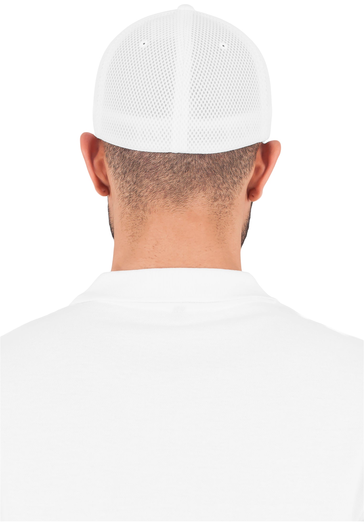 Rückansicht der weissen Flexfit Tactel Mesh Cap mit elastischem Band.