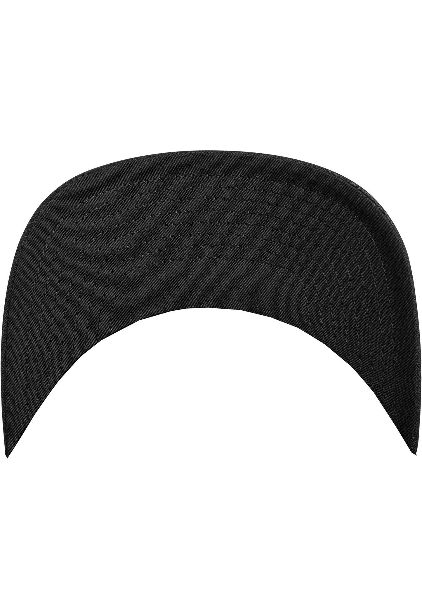 Unteransicht des schwarzen Schirms der Flexfit Tactel Mesh Cap mit Ziernähten.