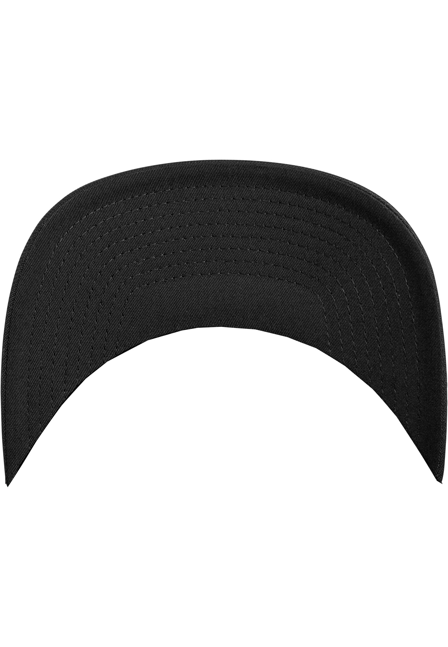 Unteransicht des schwarzen Schirms der Flexfit Tactel Mesh Cap mit Ziernähten.