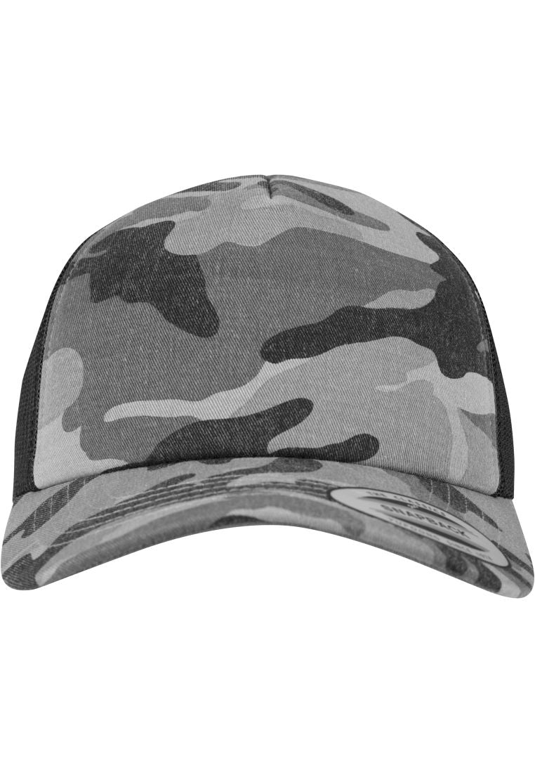Klassische Trucker Cap mit Camouflage-Muster in Schwarz-Grau und luftigem Netz-Rücken.