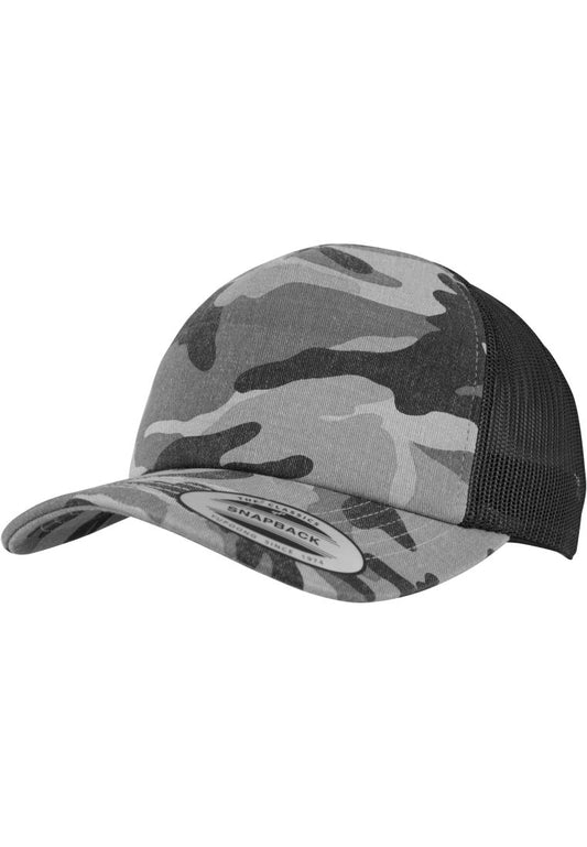 Klassische Trucker Cap mit Camouflage-Muster in Schwarz-Grau und luftigem Netz-Rücken.