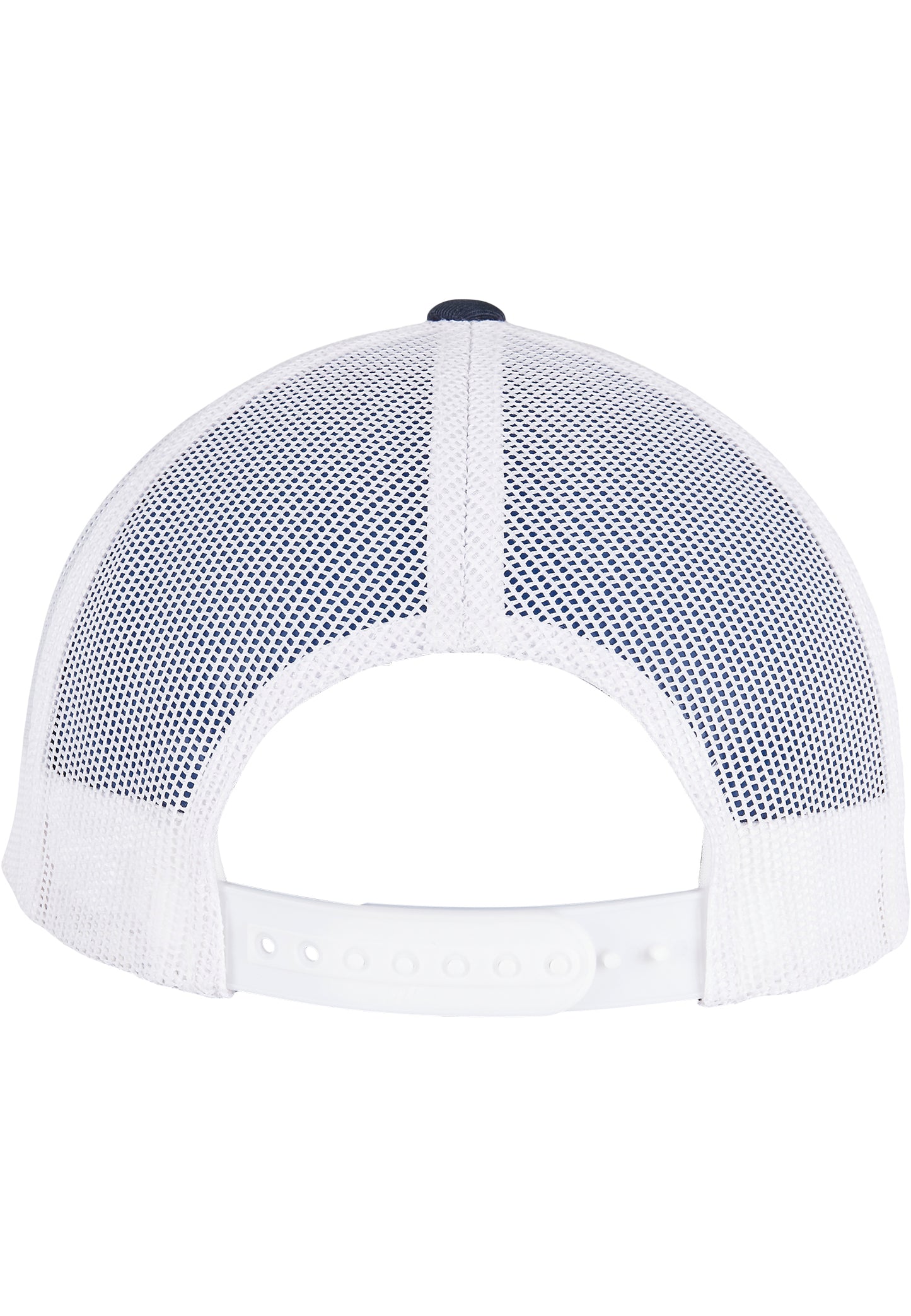 Rückansicht der Flexfit YP Classics Retro Trucker Cap Navy mit weissem Mesh-Netz und Snapback-Verschluss