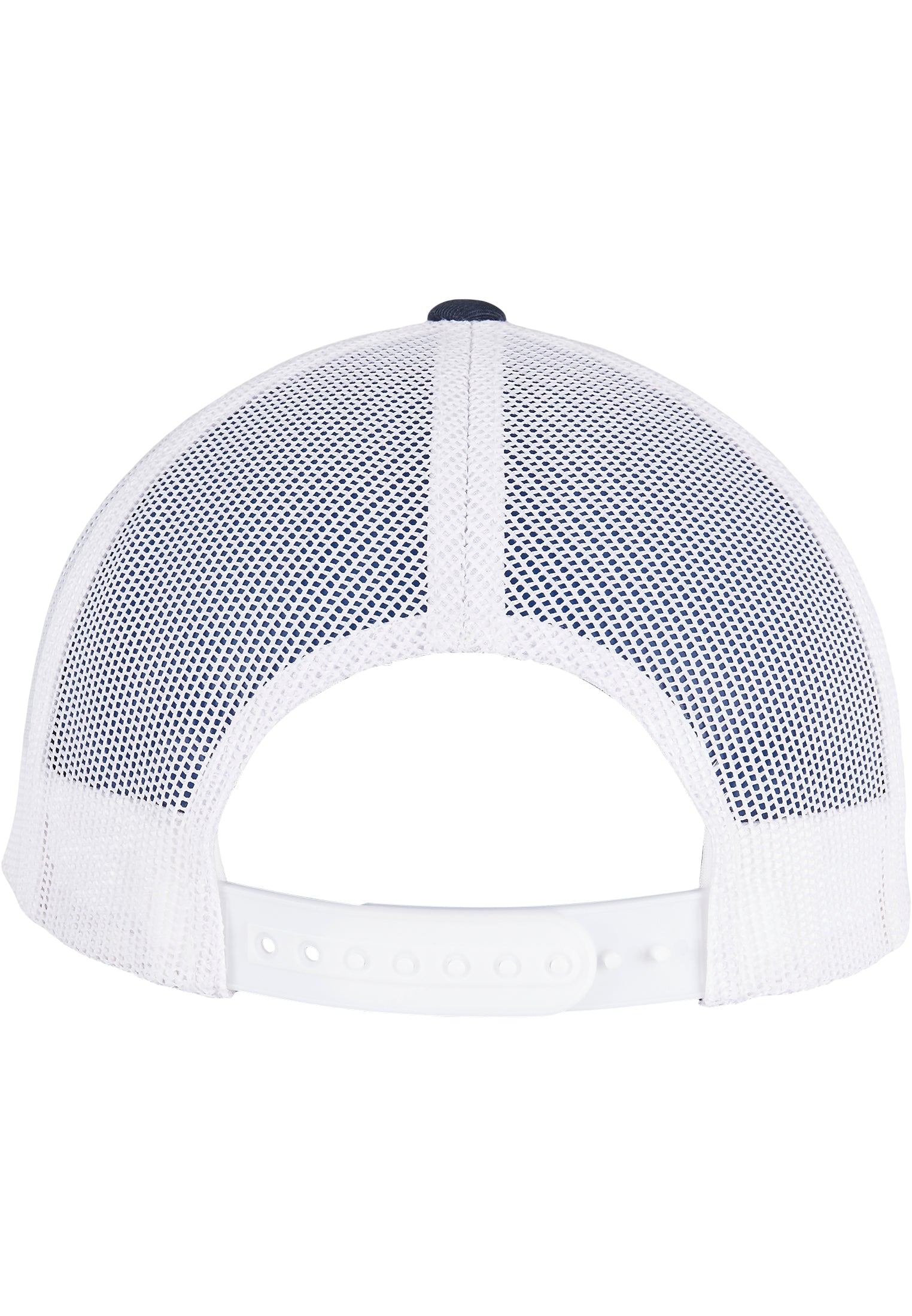 Rückansicht der Flexfit YP Classics Retro Trucker Cap Navy mit weissem Mesh-Netz und Snapback-Verschluss