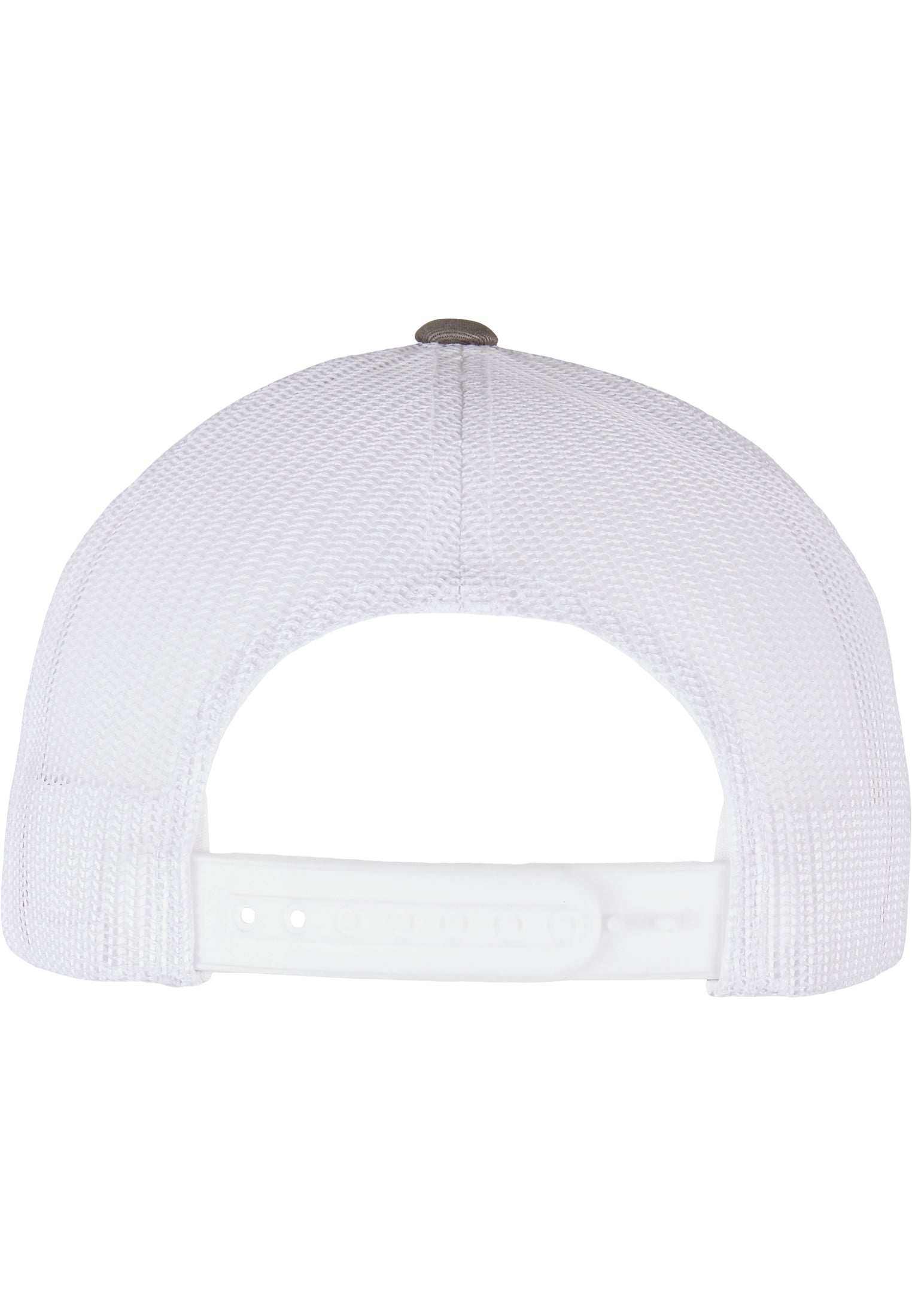 Rückansicht der Flexfit YP Classics Retro Trucker Cap Grau mit weissem Mesh-Netz und Snapback-Verschluss
