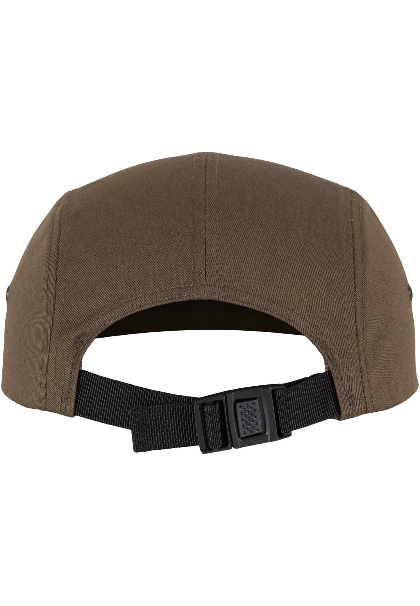 Rückansicht der oliven Flexfit 5-Panel Cap mit verstellbarem schwarzen Clip-Verschluss aus Kunststoff.