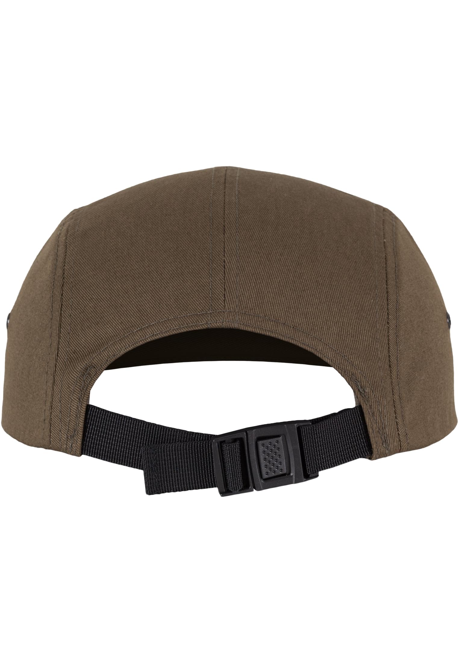 Rückansicht der oliven Flexfit 5-Panel Cap mit verstellbarem schwarzen Clip-Verschluss aus Kunststoff.