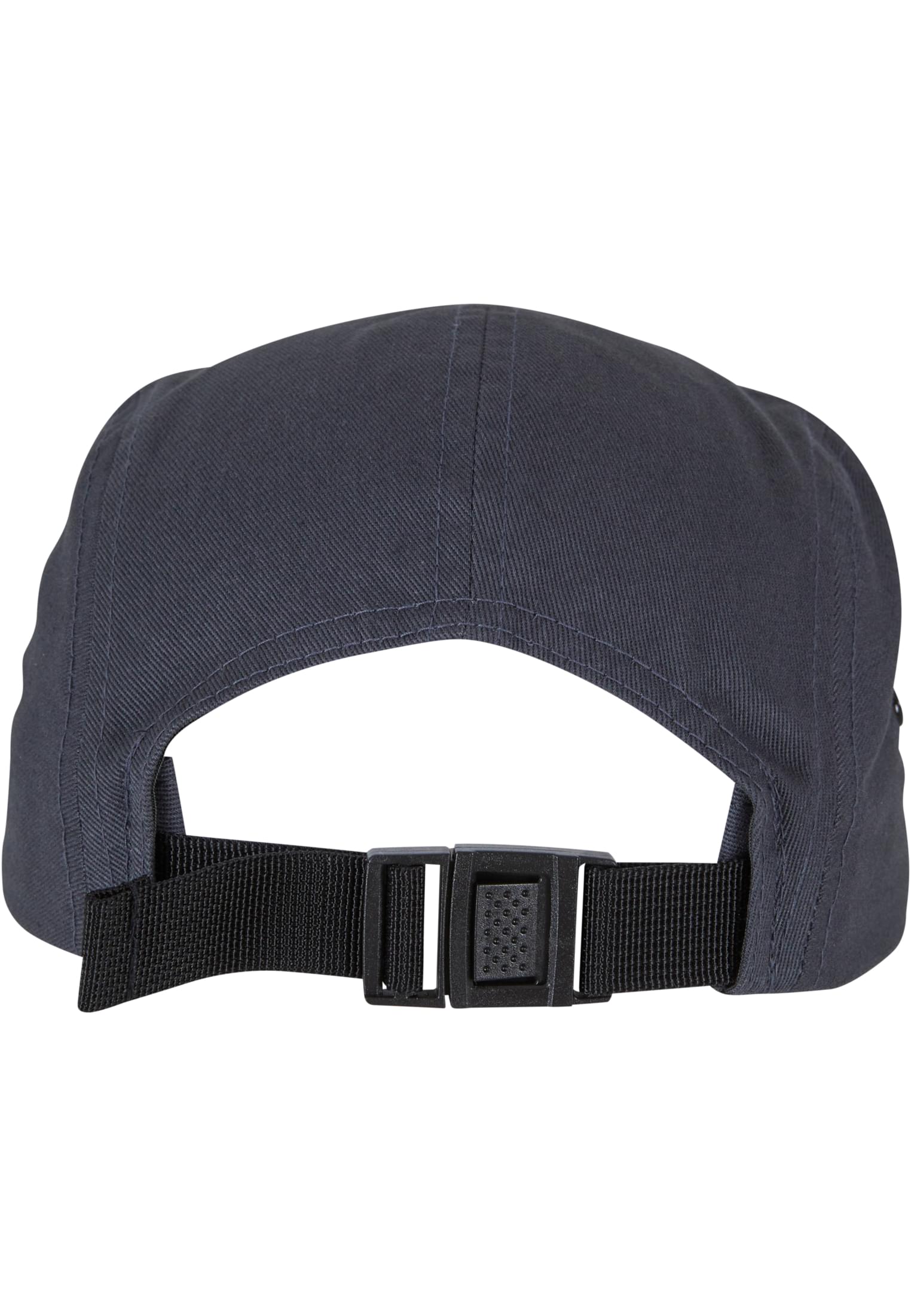 Rückansicht der dunkelgrauen Flexfit 5-Panel Cap mit verstellbarem schwarzen Clip-Verschluss aus Kunststoff.