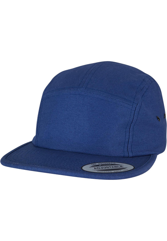Blaue 5 Panel Cap aus Baumwolle – Verstellbare Flexfit Jockey Kappe im Streetwear-Stil mit flachem Schirm.