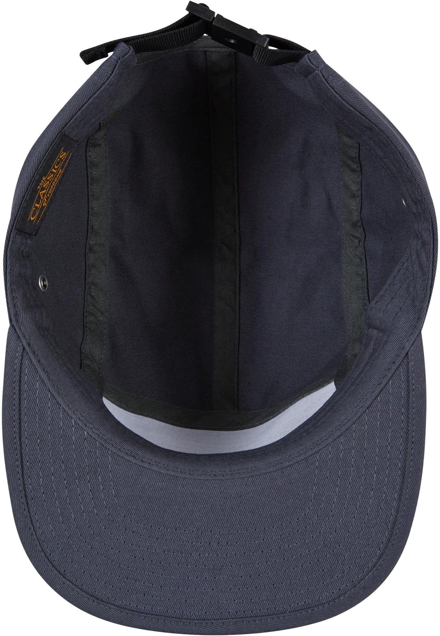 Innenansicht der dunkelgrauen Flexfit Jockey Cap mit verstellbarem Clip-Verschluss und schwarzem Classics-Label.