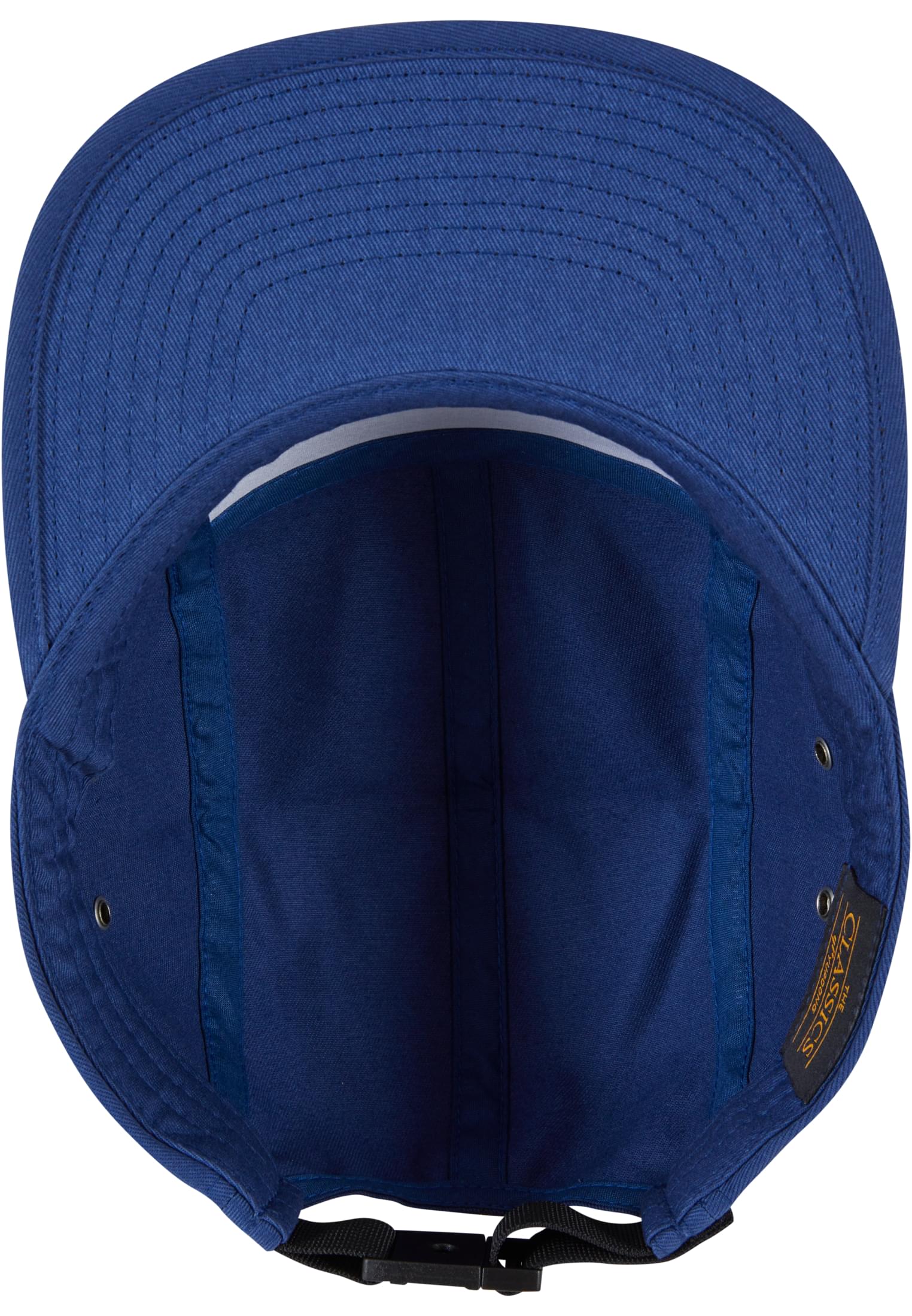 Innenansicht der blauen Flexfit Jockey Cap mit verstellbarem Clip-Verschluss und schwarzem Classics-Label.