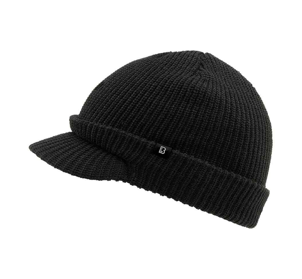 Schwarzes Brandit Shield Cap, weich, widerstandsfähig, wärmeisolierend, schnelltrocknend, abnehmbarer Trageriemen.