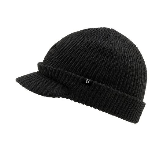 Schwarzes Brandit Shield Cap, weich, widerstandsfähig, wärmeisolierend, schnelltrocknend, abnehmbarer Trageriemen.