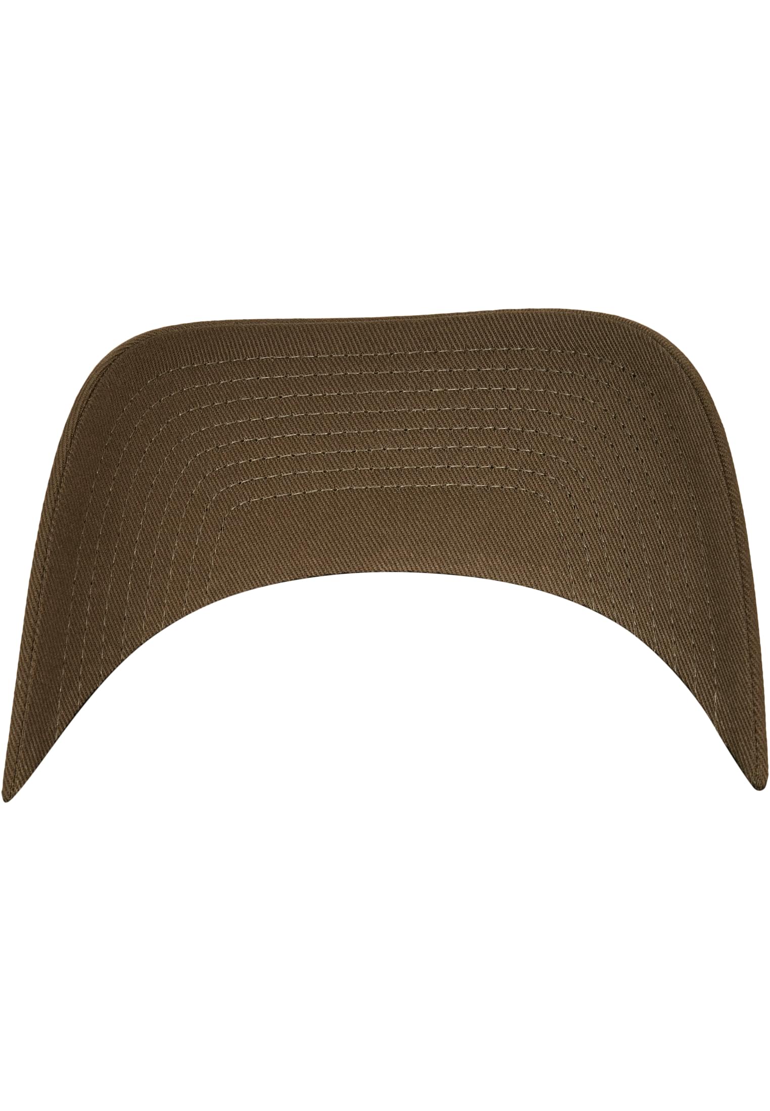 Unterseite des gebogenen Schirms einer olivgrünen Flexfit Cap mit Ziersteppung.