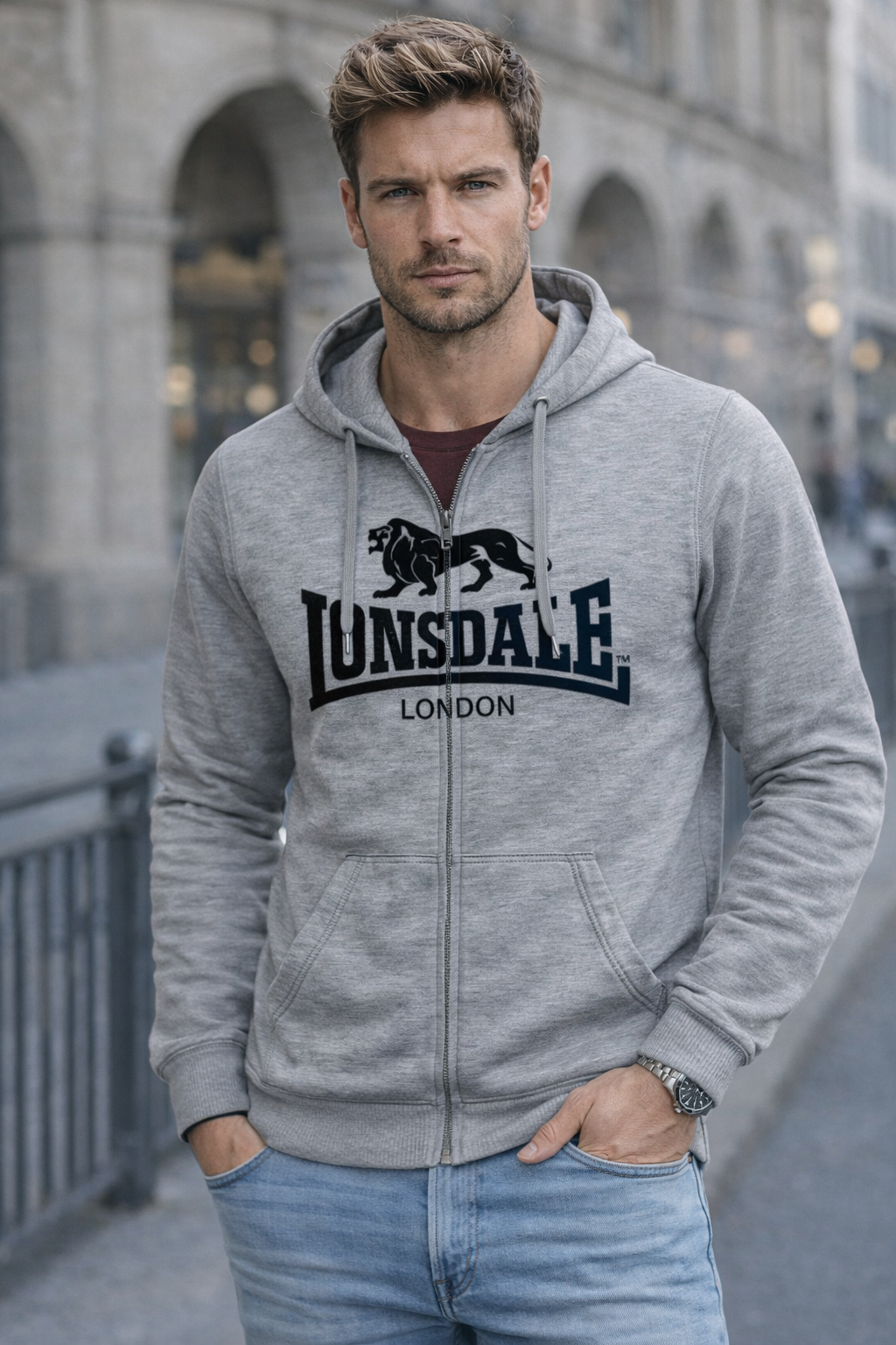 Lonsdale London Kapuzenziphoodie Krafty Marl Grey mit Logo-Druck und Kängurutasche