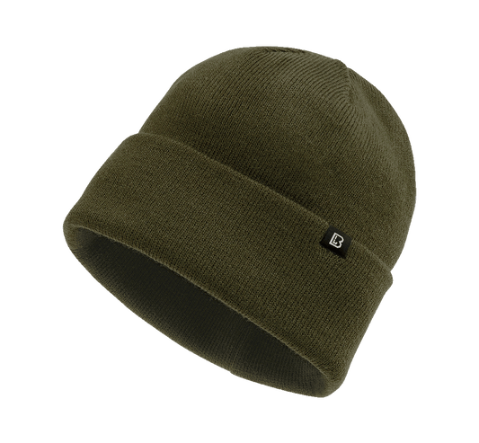 Brandit Feinstrick-Beanie in Olive aus weichem, warmem Material mit elastischer Passform und umklappbarem Umschlag
