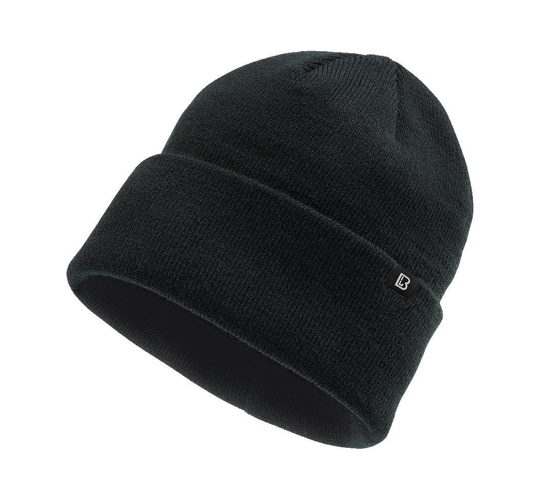Brandit Feinstrick-Beanie in Schwarz aus weichem, warmem Material mit elastischer Passform und umklappbarem Umschlag