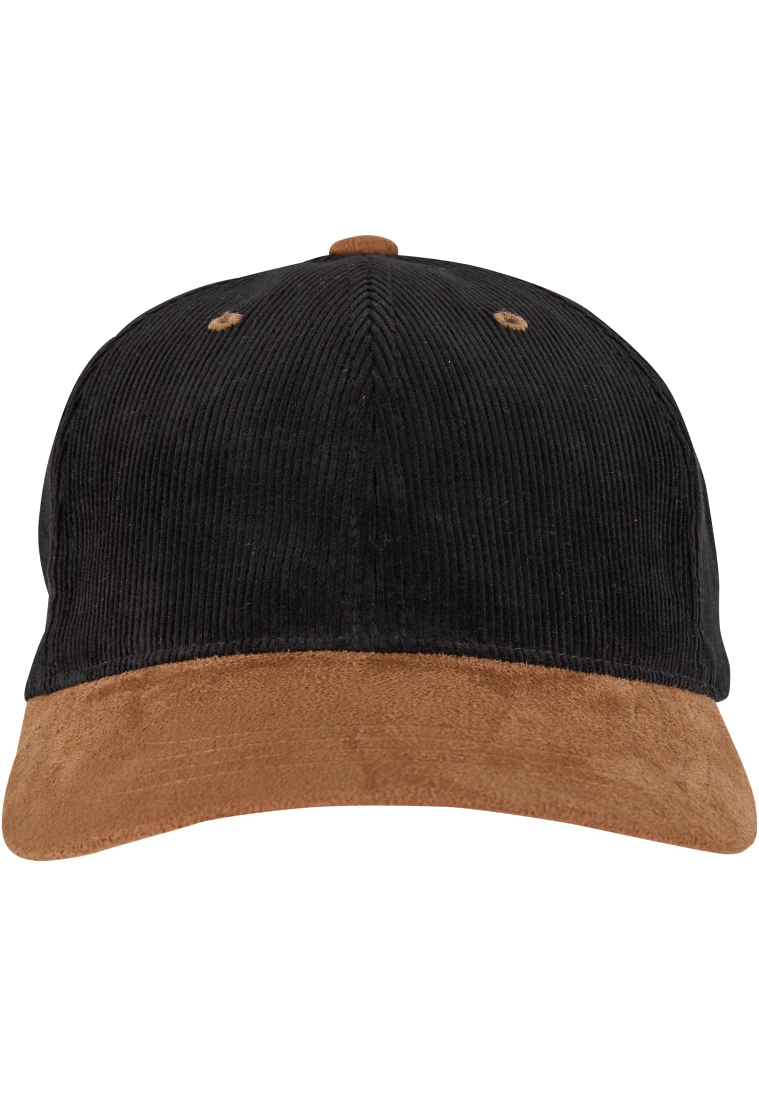 Schwarz-braune Flexfit Cord Cap mit vorgebogenem Schirm in Wildleder-Optik.