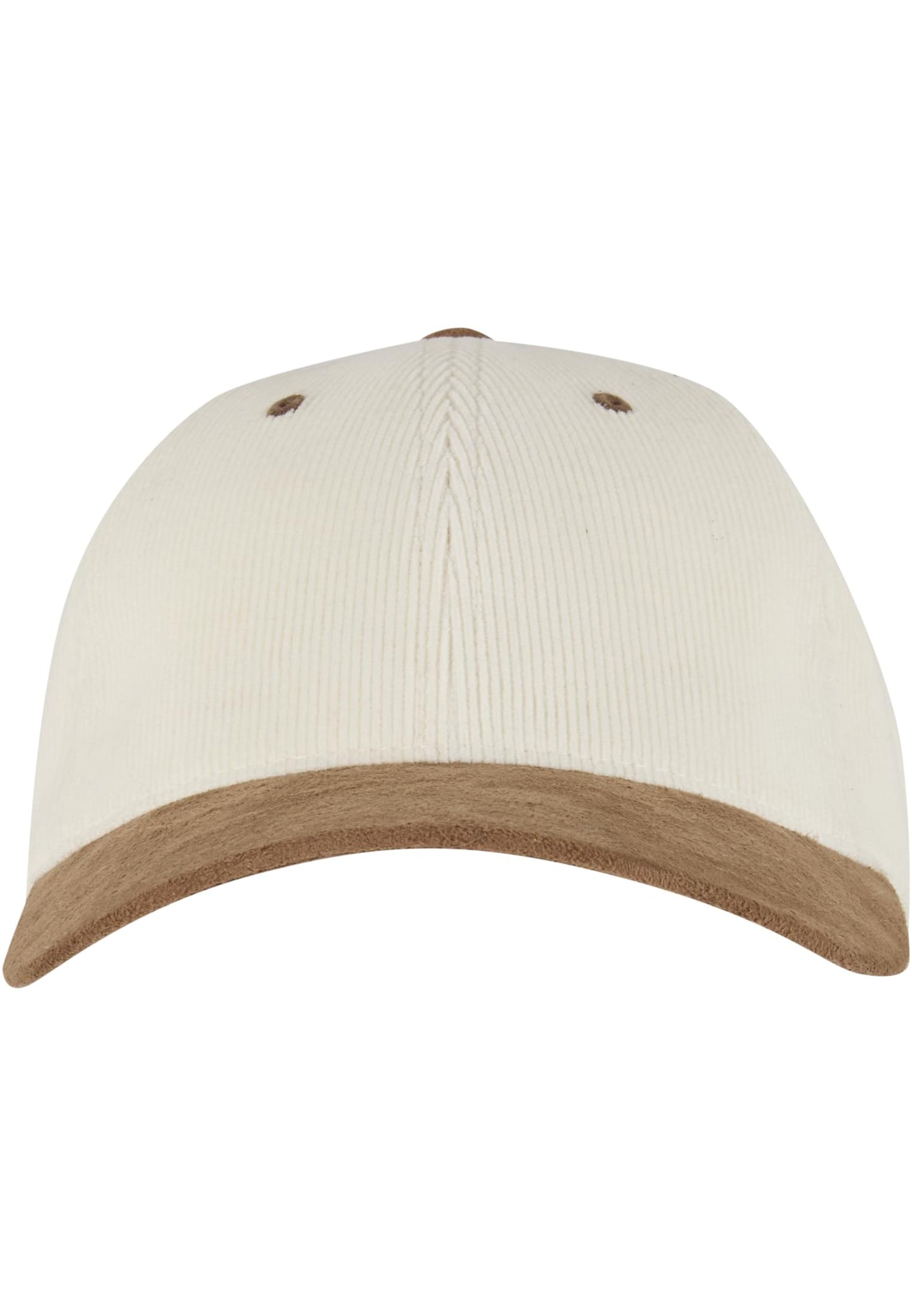Weiss-braune Flexfit Cord Cap mit vorgegobenem Schirm in Wildleder-Optik.