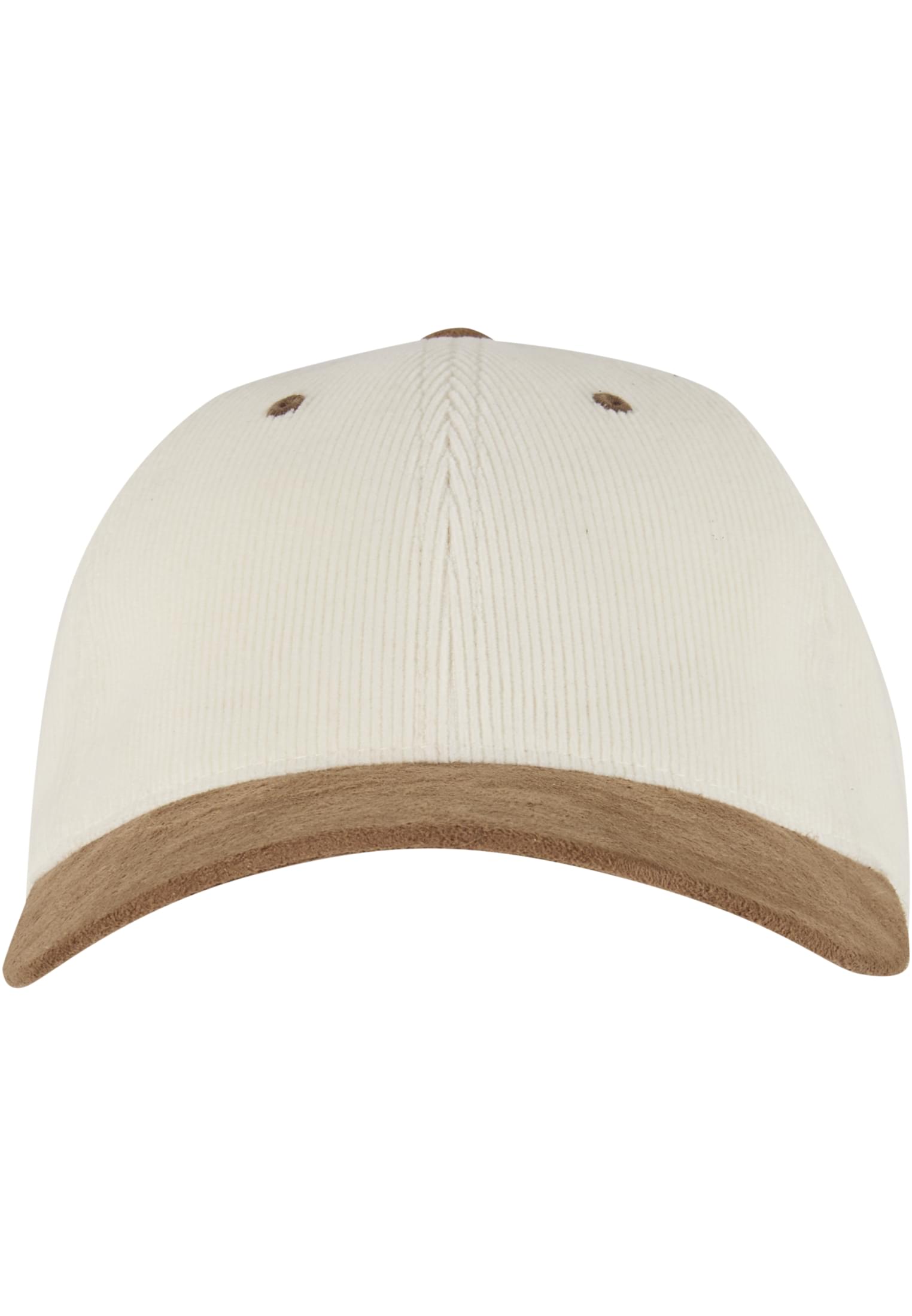 Weiss-braune Flexfit Cord Cap mit vorgegobenem Schirm in Wildleder-Optik.