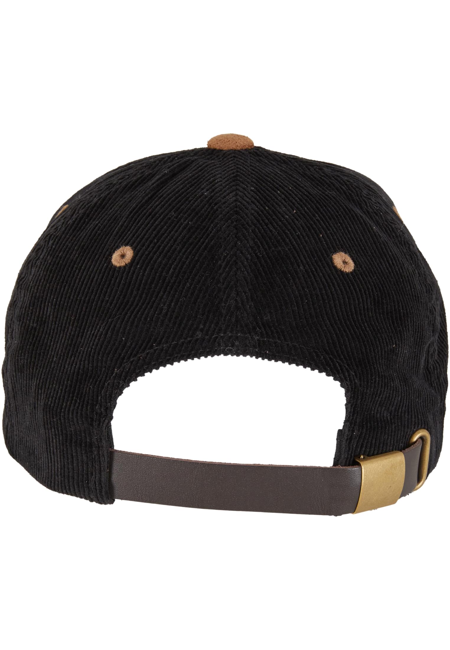 Rückansicht der schwarzen Flexfit Cord Cap mit verstellbarem Lederriemen und Metallschnalle.