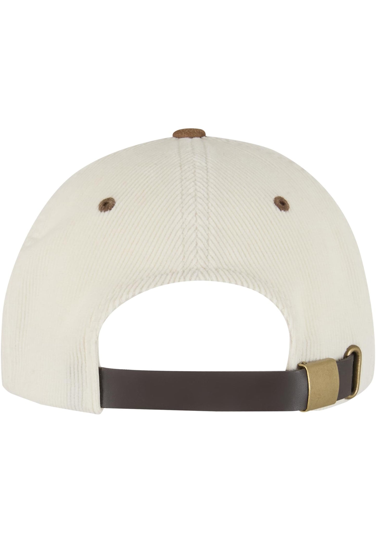 Rückansicht der beige-weißen Flexfit Cord Cap mit verstellbarem Riemen und Metallschnalle.