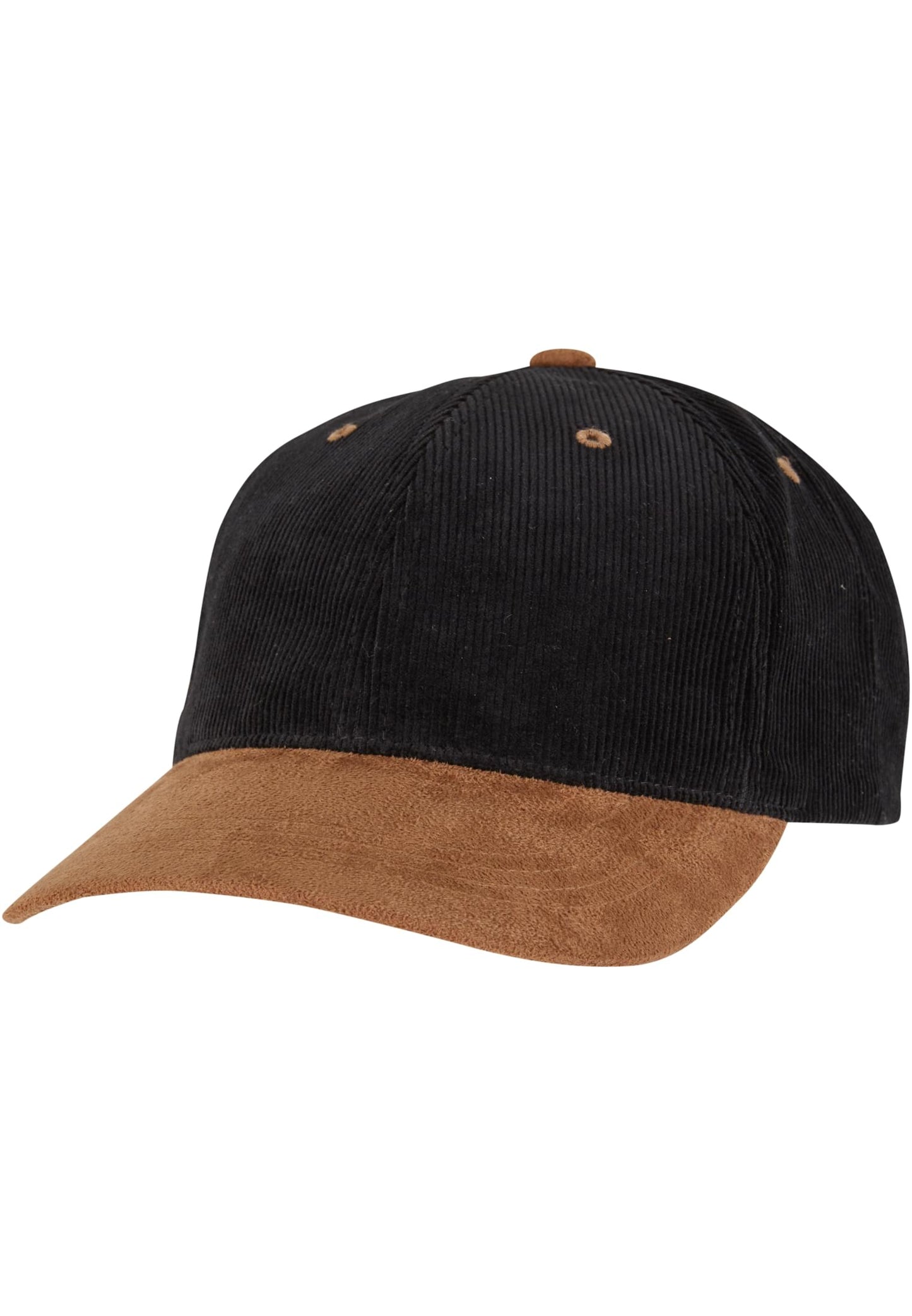Schwarz-braune Flexfit Cord Cap mit vorgebogenem Schirm in Wildleder-Optik.