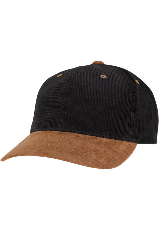 Schwarz-braune Flexfit Cord Cap mit vorgebogenem Schirm in Wildleder-Optik.