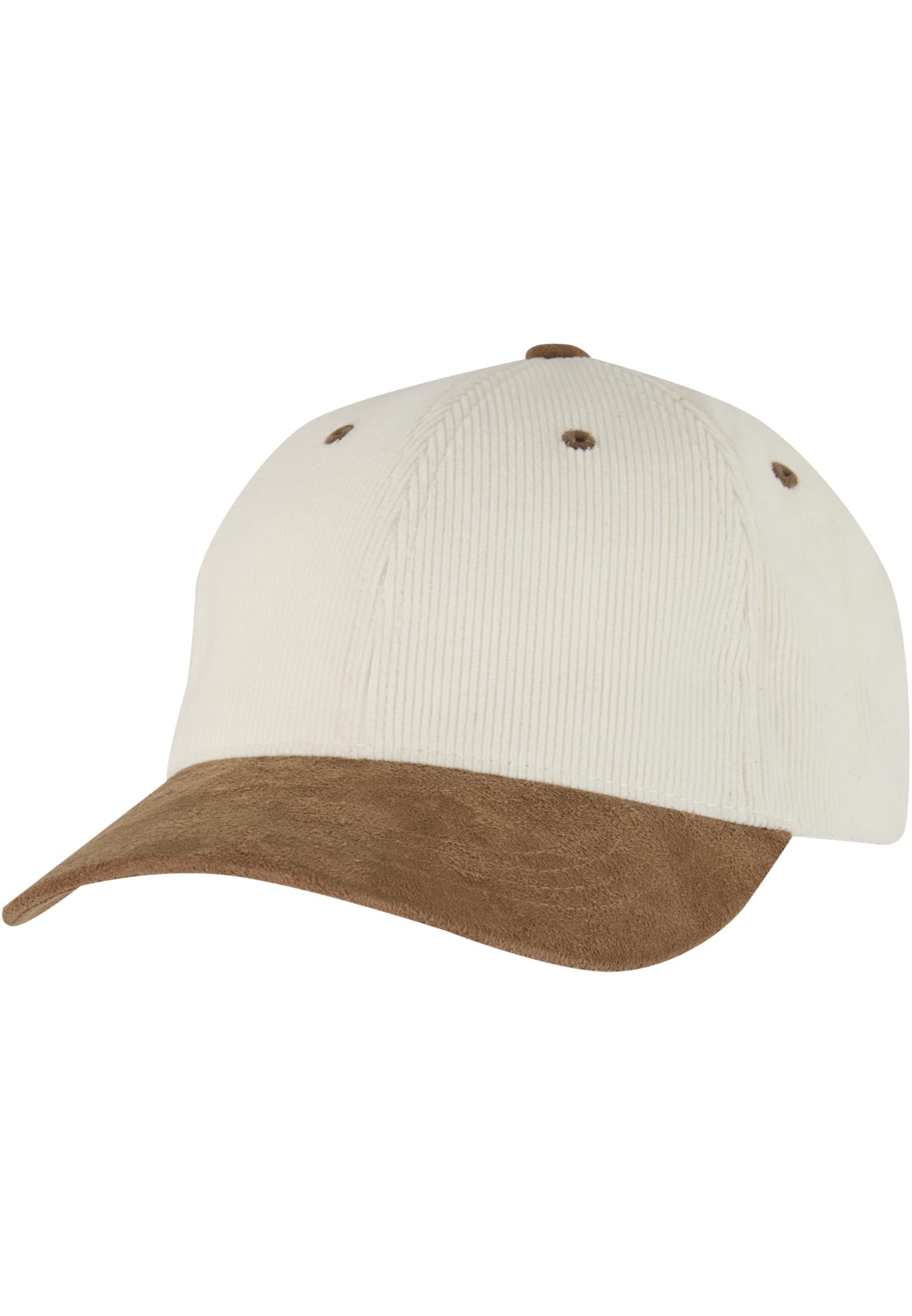 Weiss-braune Flexfit Cord Cap mit vorgegobenem Schirm in Wildleder-Optik.