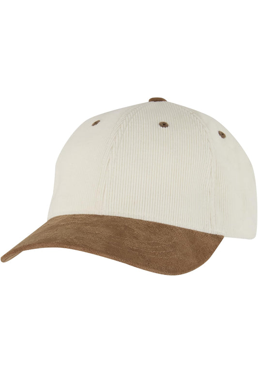 Weiss-braune Flexfit Cord Cap mit vorgegobenem Schirm in Wildleder-Optik.