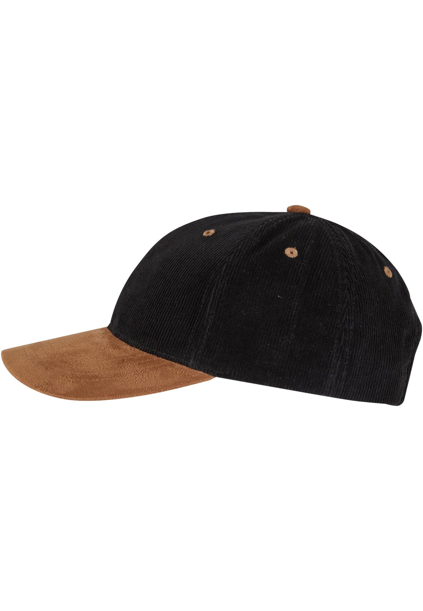 Schwarz-braune Flexfit Cord Cap mit vorgebogenem Schirm in Wildleder-Optik.