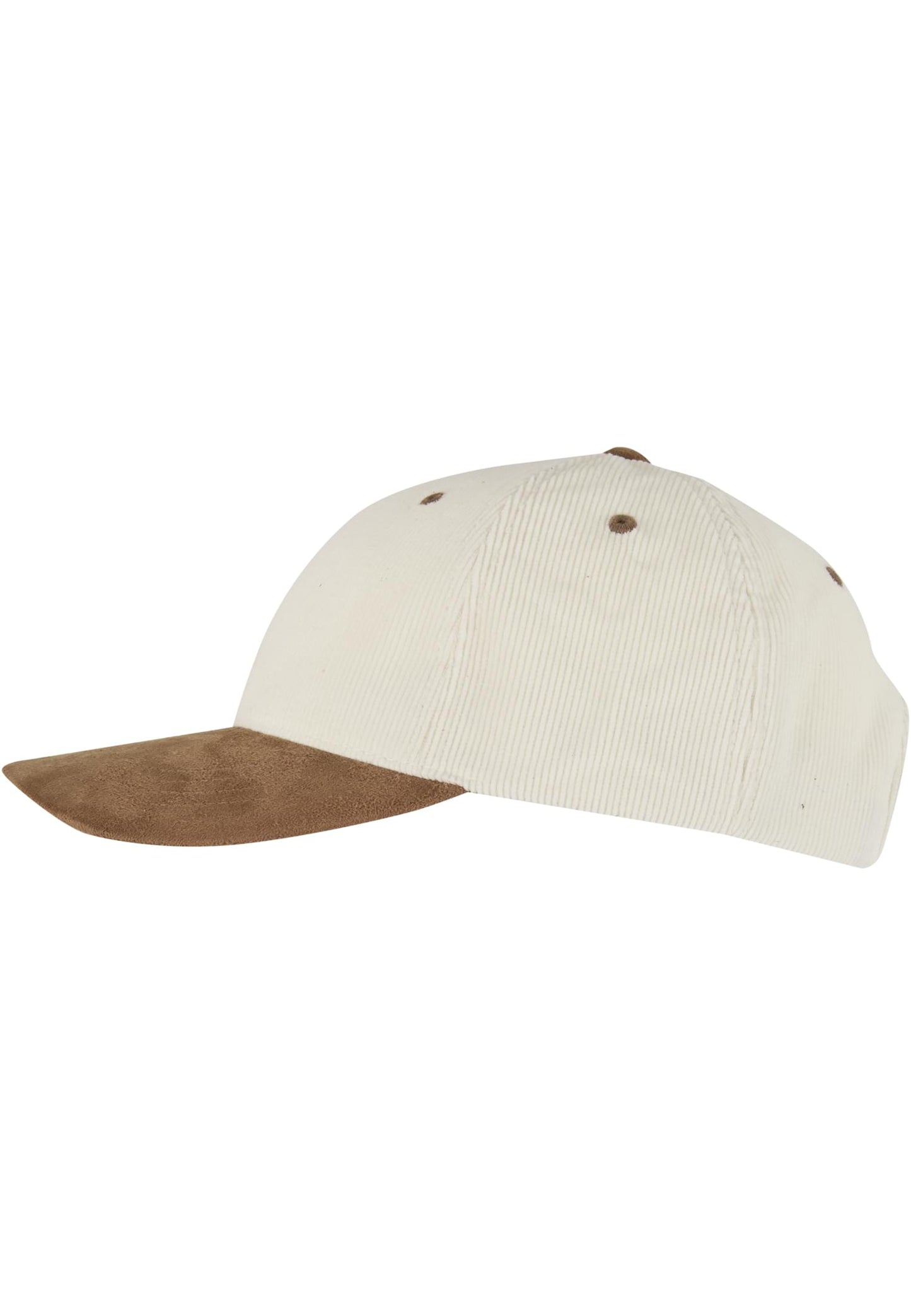 Weiss-braune Flexfit Cord Cap mit vorgegobenem Schirm in Wildleder-Optik.