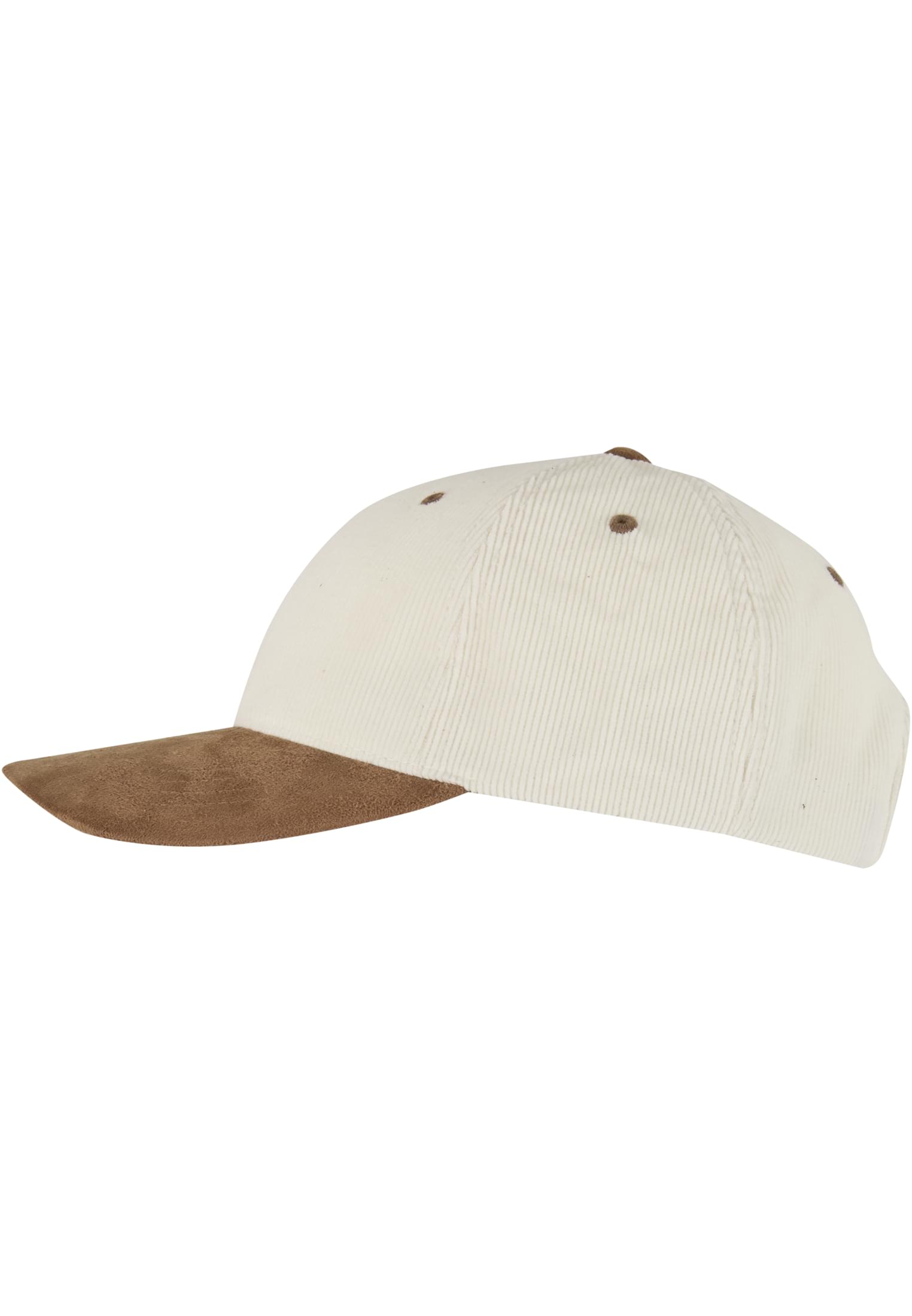 Weiss-braune Flexfit Cord Cap mit vorgegobenem Schirm in Wildleder-Optik.